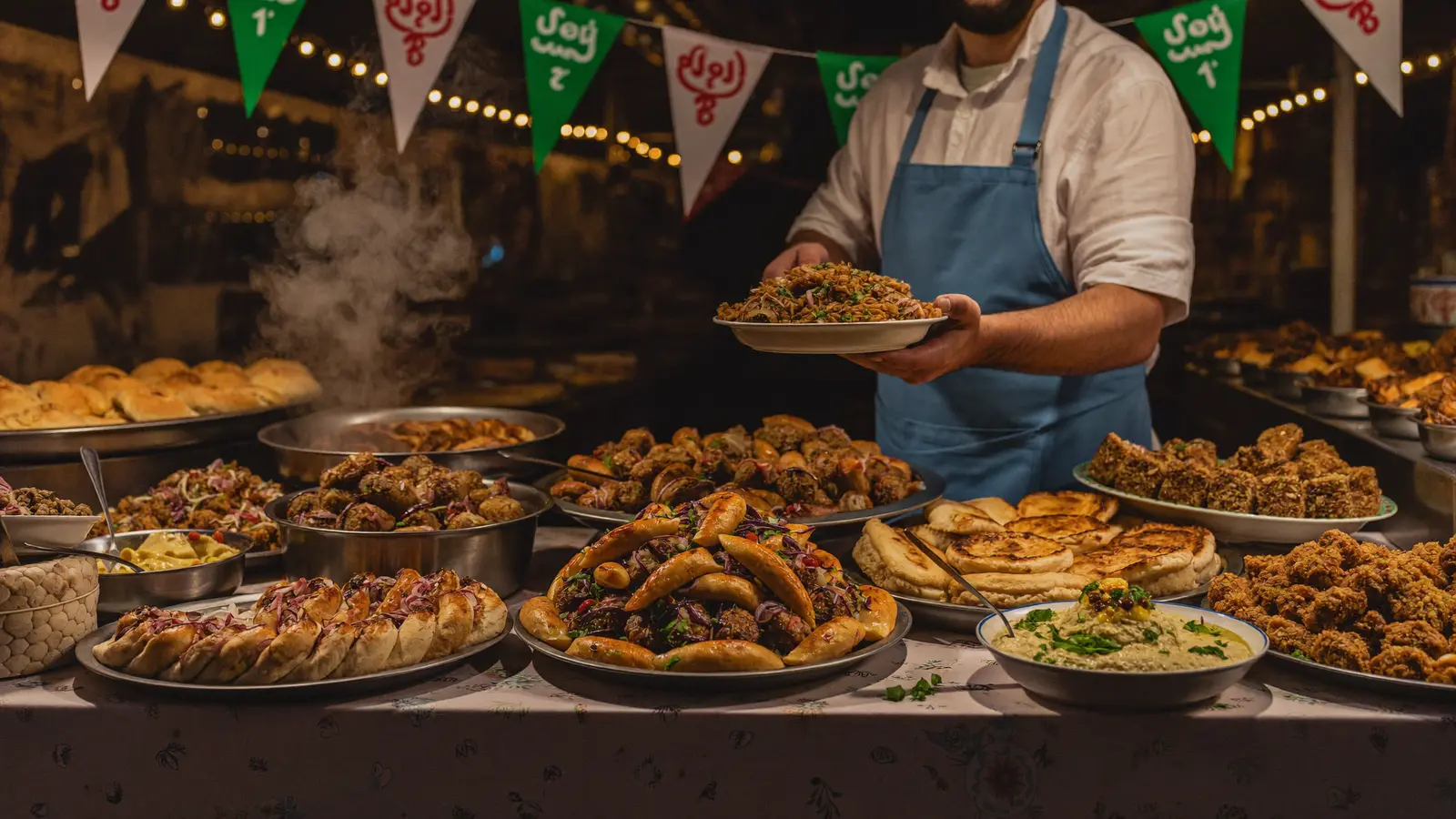 Platters of Lebanese food including shawarma, kebabs, and mezze at a festival booth